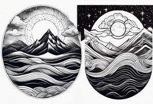 Waves becoming Mountains. Starry sky becoming cloudy Sky. Sun becoming moon tattoo idea