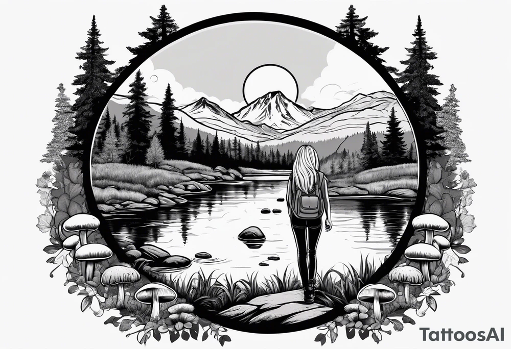 Whole picture encircled fully

Straight long blonde hair hippie girl in distance holding mushrooms in hand facing away toward mountains and creek surrounded by mushrooms tee shirt and hiking pants; whole rendering within a full circle, no cut off circle tattoo idea