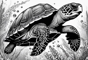 A serene turtle swimming underwater, detailed shell patterns visible, symbolizing patience and longevity.” tattoo idea