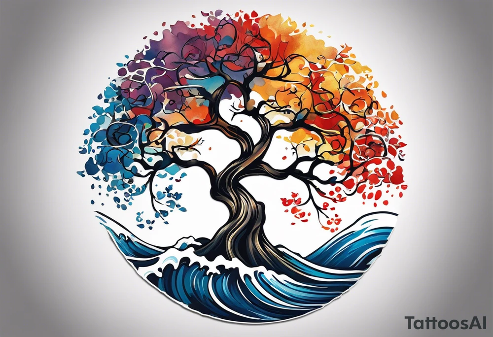 an abstract Tree of Life tattoo. It should have roots growing out of the bottom. The roots slowly turn into water from the Great Wave by Hokusai. A golf flag should be placed discreetly growing out of the ground. 2 license plate tags should be hanging from the tree. Place a few music notes in the areas the leaves should be. The letters A U should be engraving into the tree trunk in a heart. Not inside a circle. The overall shape of the tattoo should be organic. Black and white only. tattoo idea