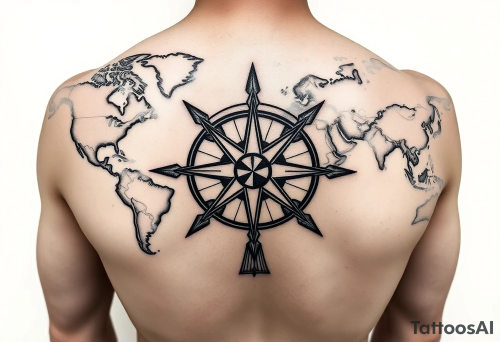 antique compass rose overlaid on weathered world map with sailing ships tattoo idea