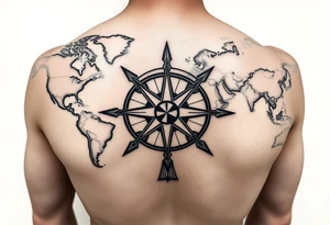 antique compass rose overlaid on weathered world map with sailing ships tattoo idea