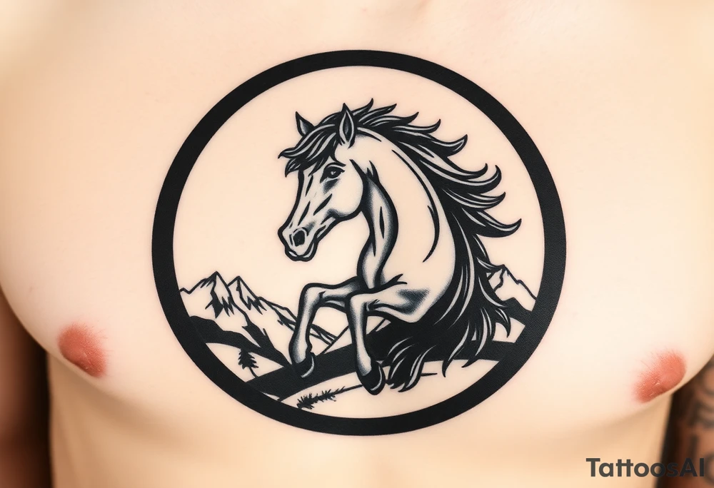 A golden mustang horse with black mane and legs, captured in motion inside a circle. The mountains and nature should frame the design, blending with the horse's black fur as a base to represent the landscape. Experiment with using the black fur to shape the mountains, playing with edges or interior details. tattoo idea