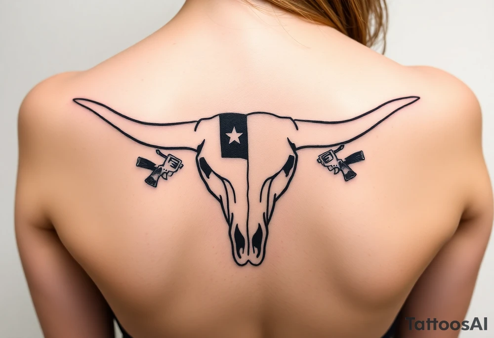 Longhorn skull with revolvers either side and Texas flag tattoo idea