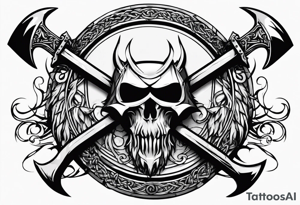 Valhalla sword round shield axe barbed wire chains tattoo idea