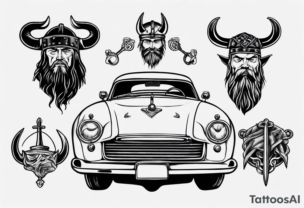 Vintage classic car with viking coming from the bonnet tattoo idea
