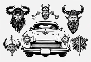 Vintage classic car with viking coming from the bonnet tattoo idea