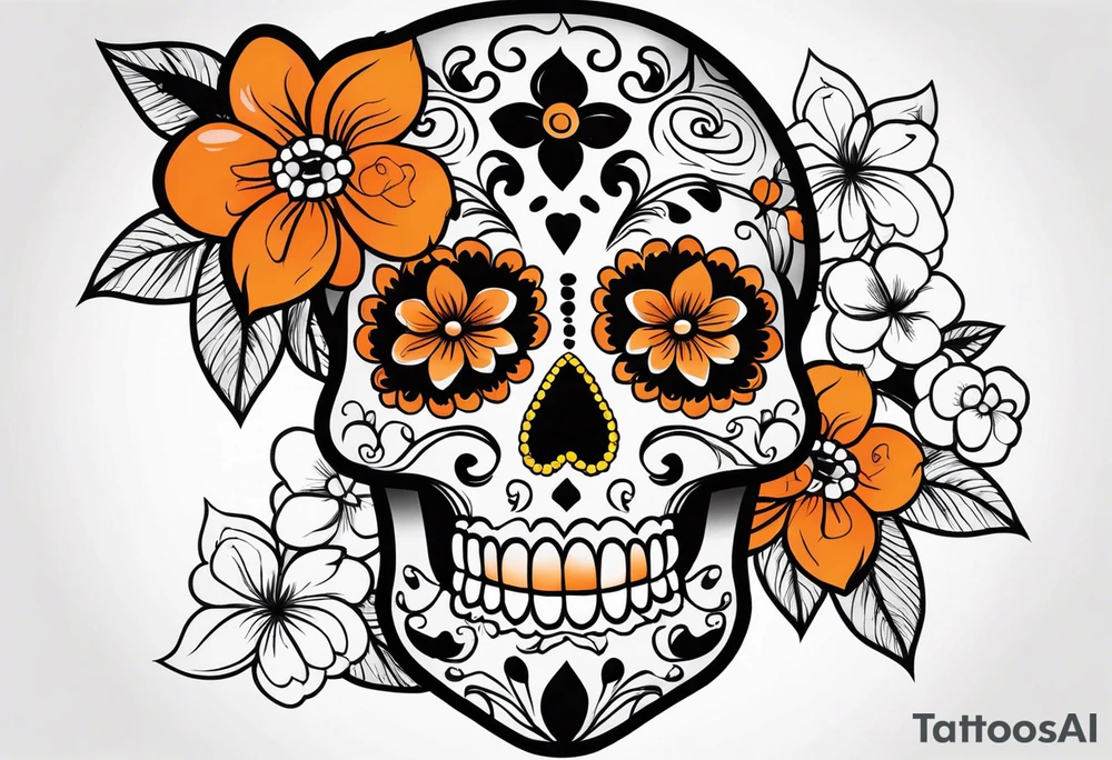 Sugar skull with flowers that is orange and black tattoo idea