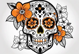 Sugar skull with flowers that is orange and black tattoo idea