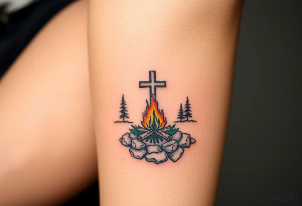 Campsite with a campfire with a cross tattoo idea