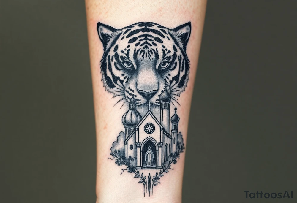 in a dorsal view of the hand and forearm a tiger face with black hollowed eyes, then above a orthodox church shrouded with a mist and fading into a virgin mary overlooking tattoo idea