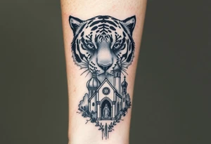in a dorsal view of the hand and forearm a tiger face with black hollowed eyes, then above a orthodox church shrouded with a mist and fading into a virgin mary overlooking tattoo idea