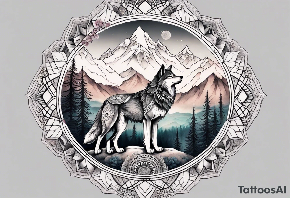 A whimsical wolf tattoo featuring mandala or dream catcher elements, with the wolf as the central focus, surrounded by mountains in the background. Include flowers and nature elements to fill the space around the wolf. Some color but not completely solid bold color tattoo idea