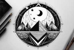geometric simple moon with triangles and stars tattoo idea