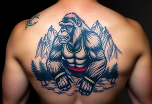 gorilla wearing amateur wrestling shoes and an singlet for a match as a person would. The surrounding area is mountainous jungle tattoo idea