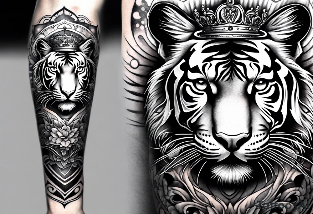 Full right arm sleeve a tiger at the top with a crown and third eye underneath a large hour glass with a brain and heart inside of it tattoo idea