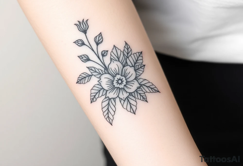 floral composition with japanese vibe, mutiple ornemental patern and leaf, dot geometric ornement tattoo idea
