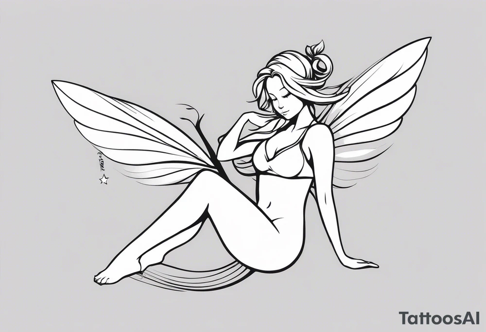 Minimalistic, monochromatic fairy with a tail flying to the left in a fetal position, leaning and looking in the same direction, with visible hands, embodying the 'Fairy Tail' logo aesthetic. tattoo idea