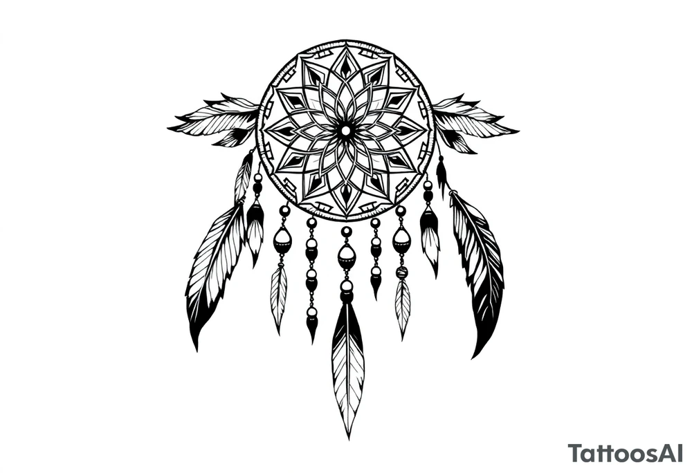 native dreamcatcher with flowing feathers and sacred beads tattoo idea