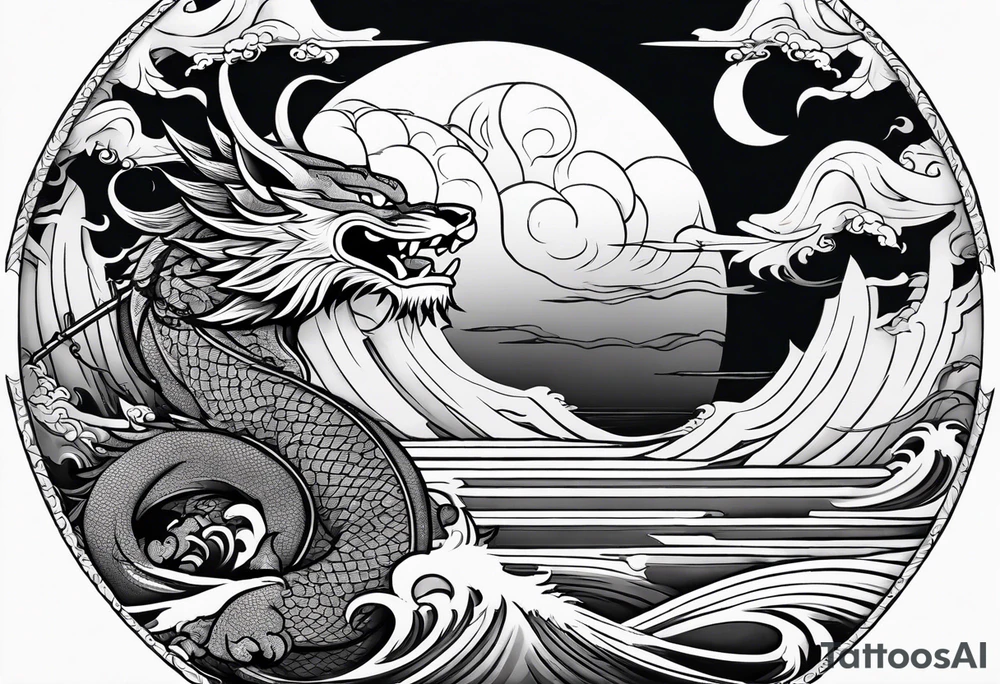 A strip with a japonese dragon, a samurai, an oni and a tiger with waves bellow and clouds above with the sun and the moon tattoo idea