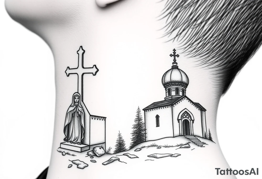 russian design traditional christian orthodox cross with a virgin mary stood beside the entrance of a russian orthodox dome church on the side of the neck in a wilderness setting with the design spread out the side of the neck tattoo idea