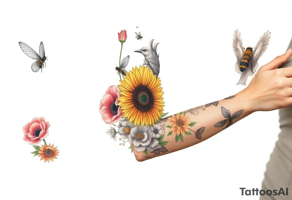 Create a design full sleeve arm tattoo with Tulip 
Sunflower 
Roses 
Bee 
Water 
Fire 
Earth 
Wind 
Phoenix 
Evil eye 
888 tattoo idea