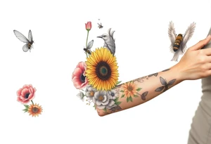 Create a design full sleeve arm tattoo with Tulip 
Sunflower 
Roses 
Bee 
Water 
Fire 
Earth 
Wind 
Phoenix 
Evil eye 
888 tattoo idea
