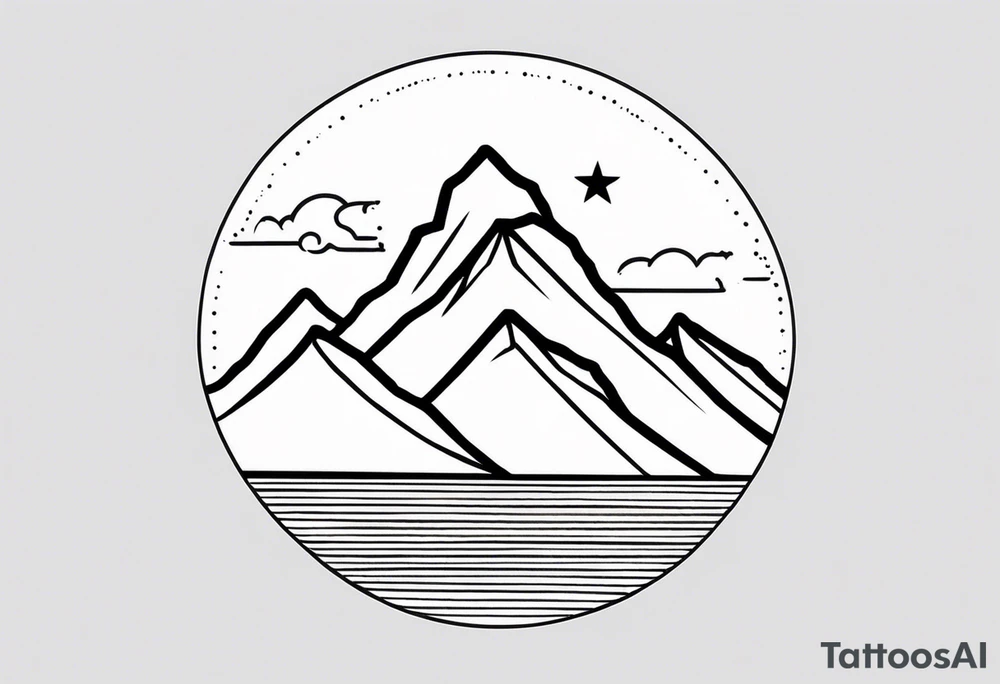 Mountain Skyline with one High Peak. Water in Front. Mountain Peak with circle dotted Line. Two Stars. Mountain and water Run Out flat in the side tattoo idea