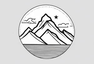 Mountain Skyline with one High Peak. Water in Front. Mountain Peak with circle dotted Line. Two Stars. Mountain and water Run Out flat in the side tattoo idea