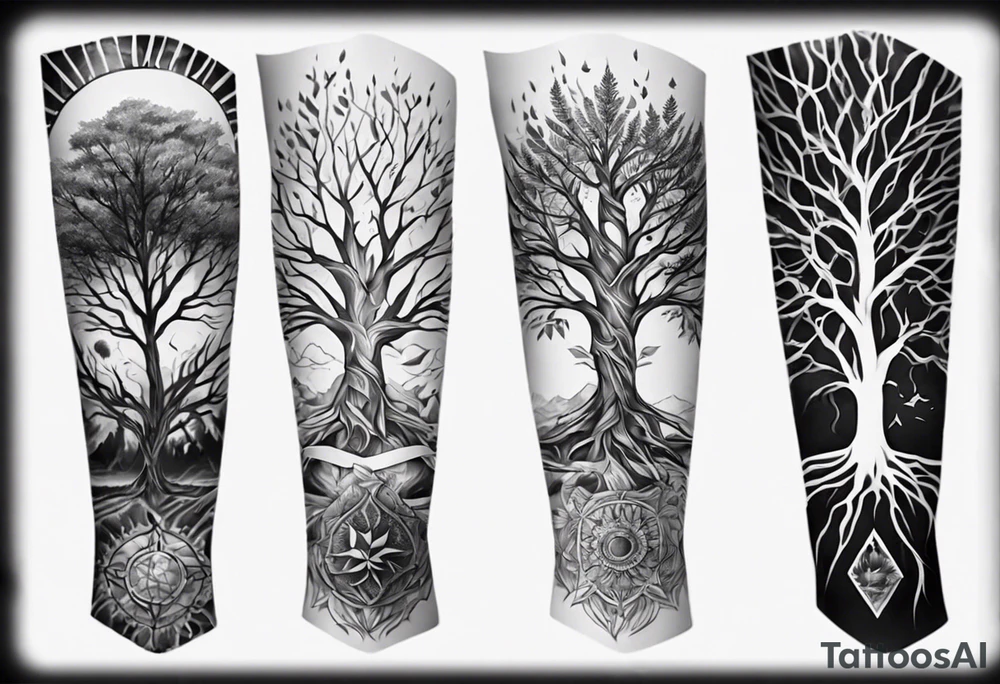 full arm sleeve tattoo with tree of life tattoo idea