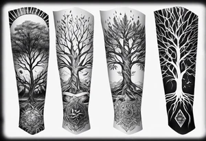 full arm sleeve tattoo with tree of life tattoo idea