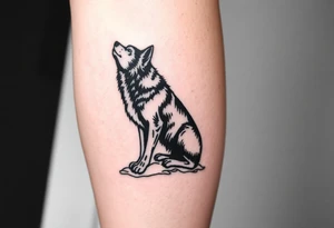 black wolf, sitting rooted waiting to be unleashed on lower leg tattoo idea