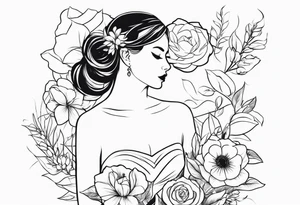 GIRL IN WEDDING DRESS WITH FLOWERS IN HAND tattoo idea