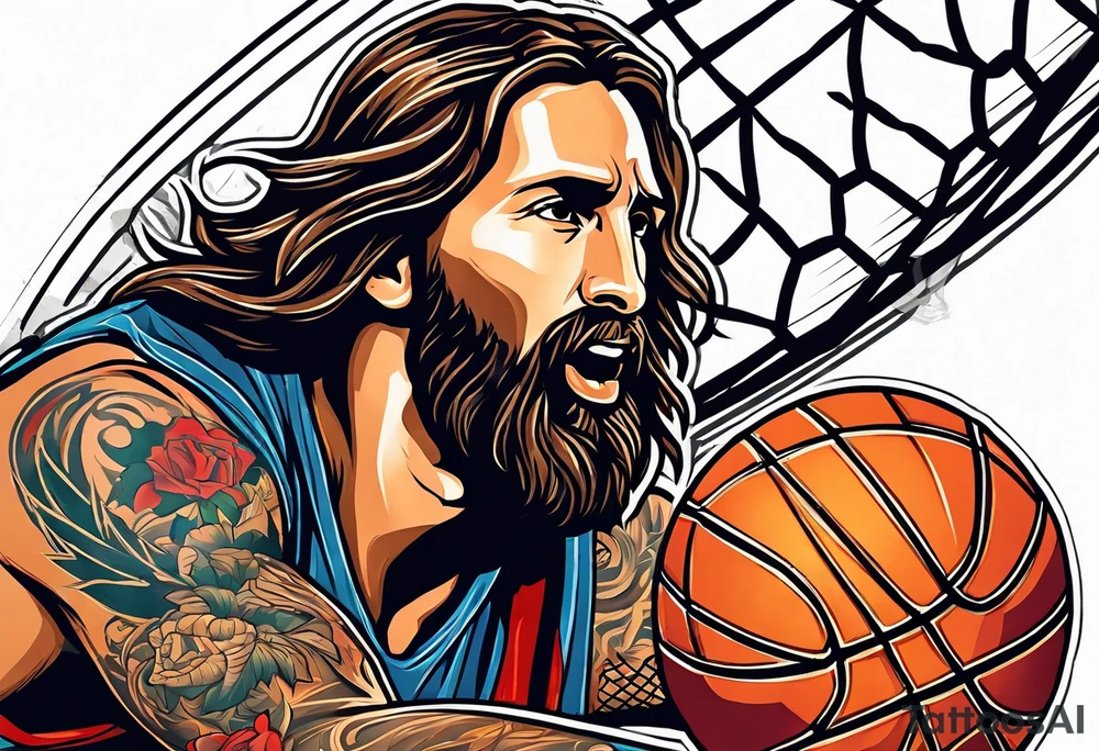 jesus christ playing basketball against messi tattoo idea