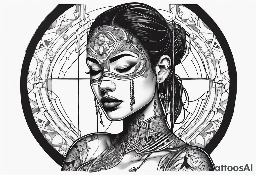 cyborg girl with human torso and face mask partly removed showing metal skeleton underneath tattoo idea