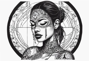 cyborg girl with human torso and face mask partly removed showing metal skeleton underneath tattoo idea