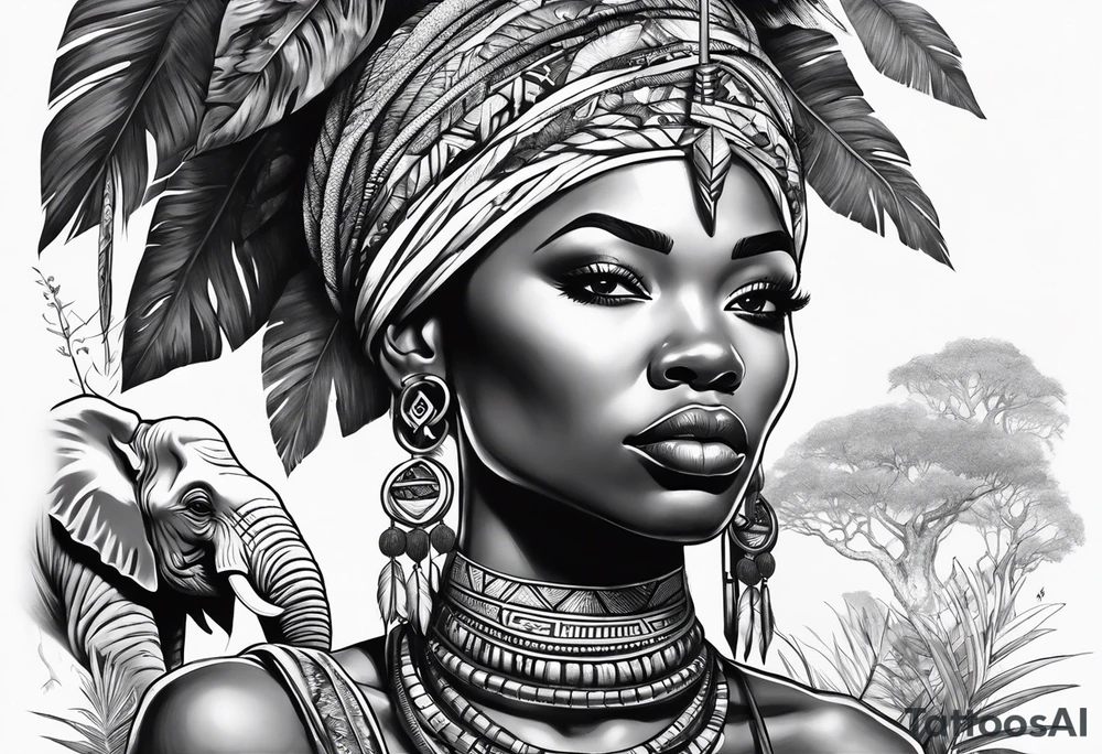 African woman warrior holding spear with ear rings and trees and brids and elephants in the background tattoo idea