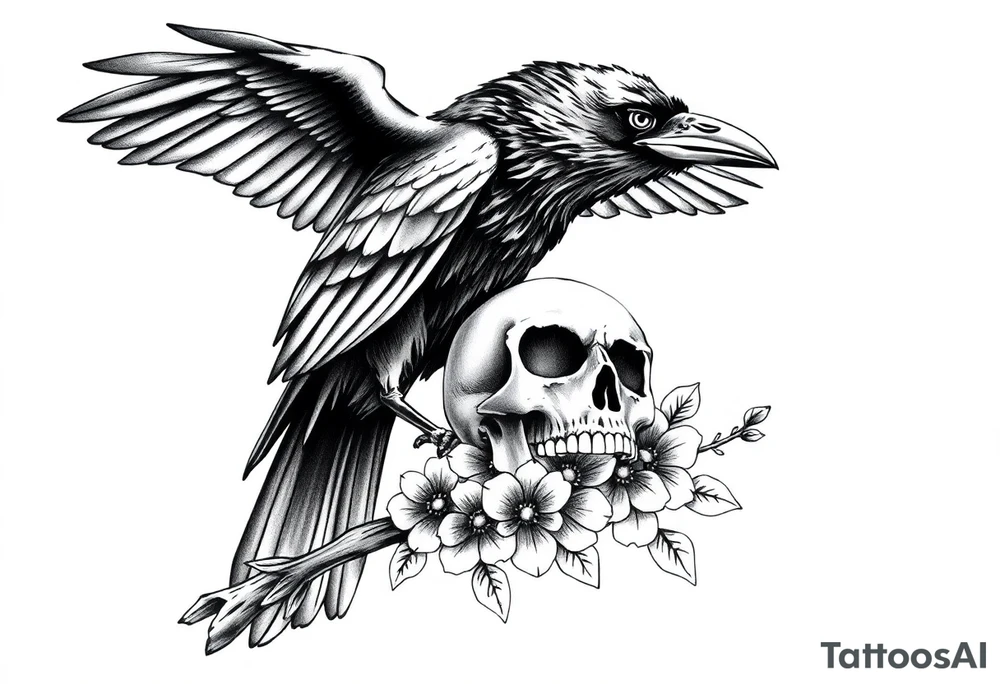 raven looking over its shoulder on a branch skull and clock and flower tattoo idea