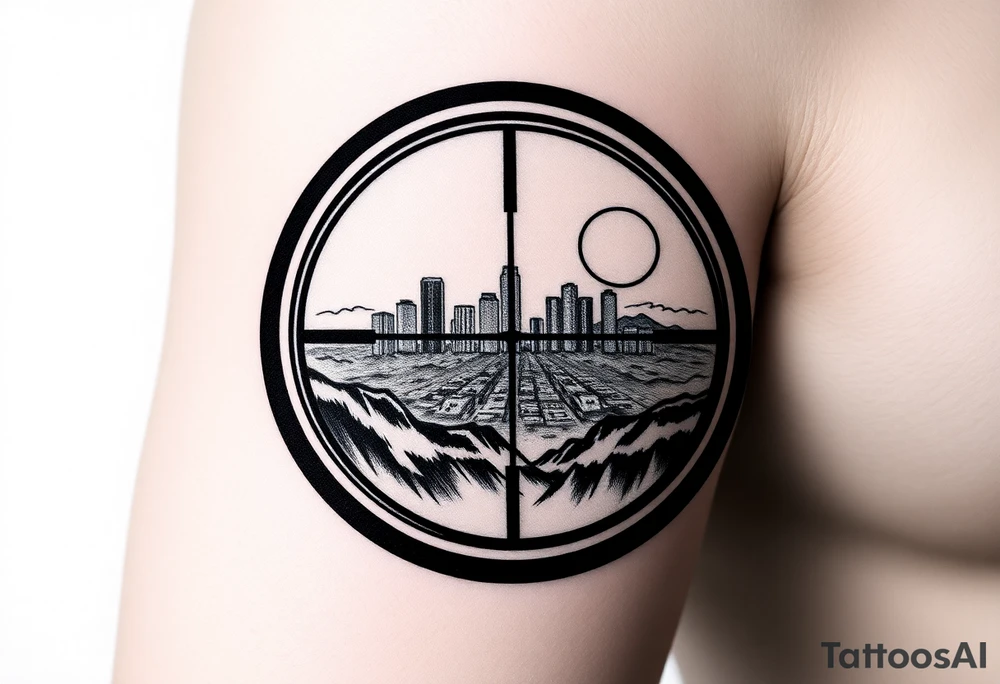 scope crosshairs with eerie Los Angeles city horizon in background tattoo idea