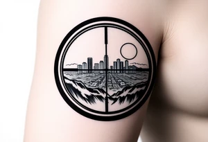 scope crosshairs with eerie Los Angeles city horizon in background tattoo idea
