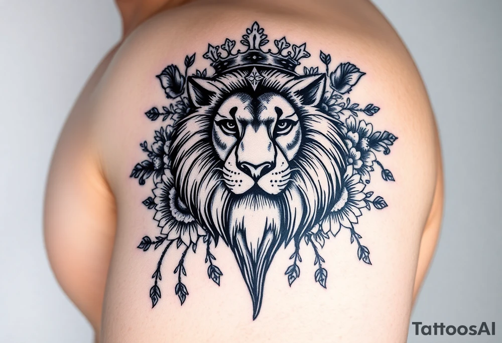 powerful majestic lion with a crown, surrounded by floral ornaments and birds tattoo idea