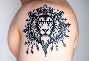 powerful majestic lion with a crown, surrounded by floral ornaments and birds tattoo idea