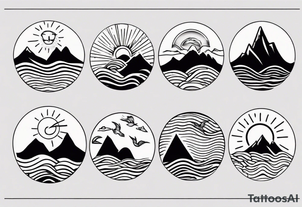mountains, beach, waves, sun tattoo idea