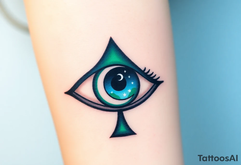 Large outline of an almond shaped eye with an ace of spades for the eyeball colored greenish blue with a crescent moon stars and clouds inside vivid colors blue green purple tattoo idea