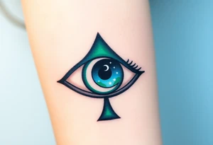 Large outline of an almond shaped eye with an ace of spades for the eyeball colored greenish blue with a crescent moon stars and clouds inside vivid colors blue green purple tattoo idea