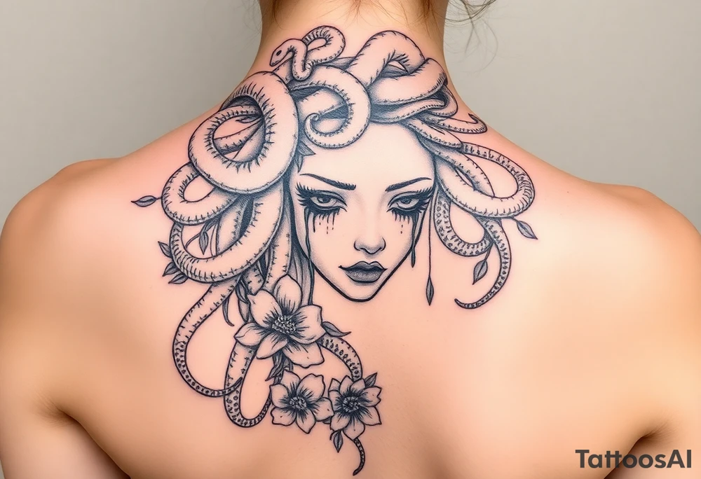 Sad Medusa with tears snakes coming out of hair with flowers and quotes tattoo idea