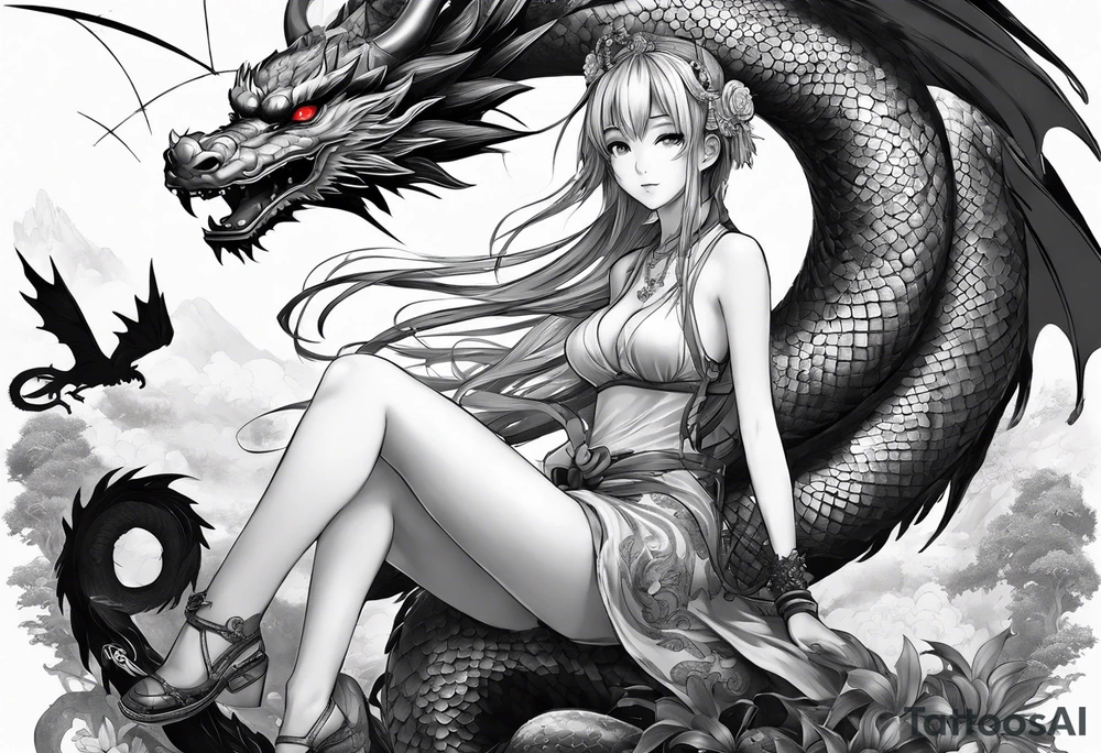 a full shot of an anime girl seen from far, sitting on a ball and surrounded by asian dragon with wings tattoo idea