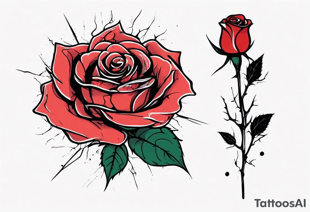 a one-line rose, add some splattered red blood and thorns, small, with stem, very simple tattoo idea