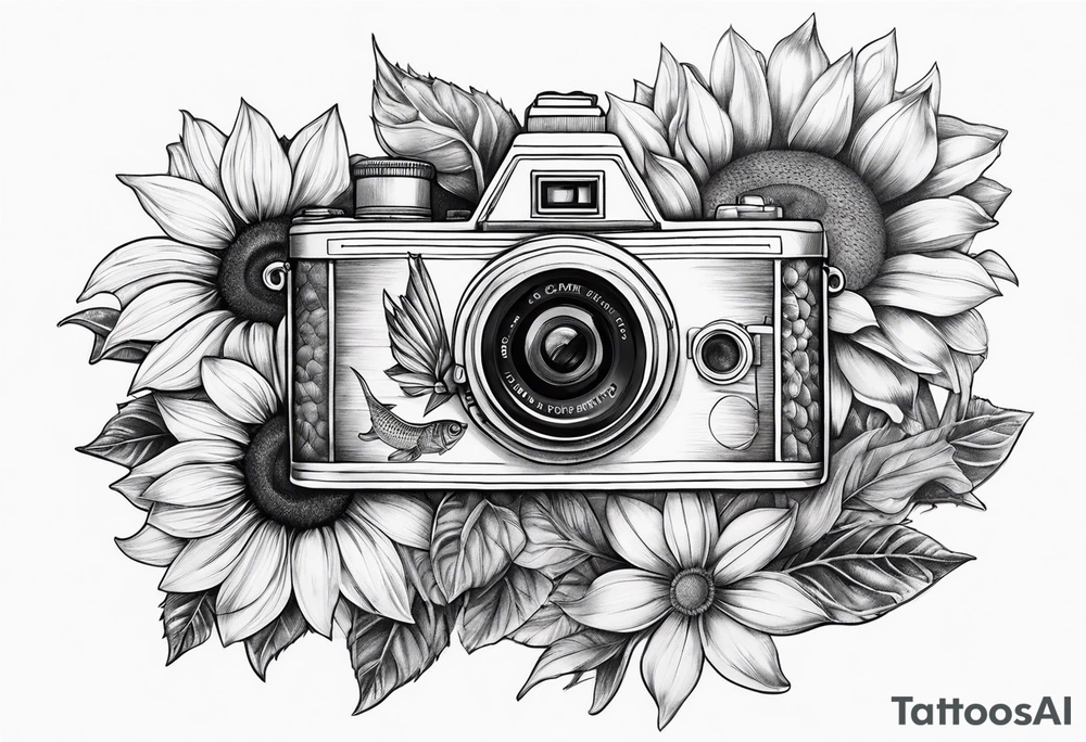 sunflower, camera, fish, flower rose tattoo idea
