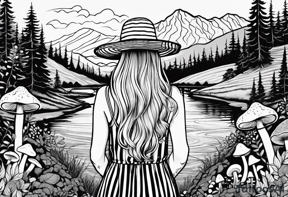 Straight long blonde hair hippie girl in distance holding mushrooms in hand facing away toward mountains and creek surrounded by mushrooms black and white striped dress tattoo idea